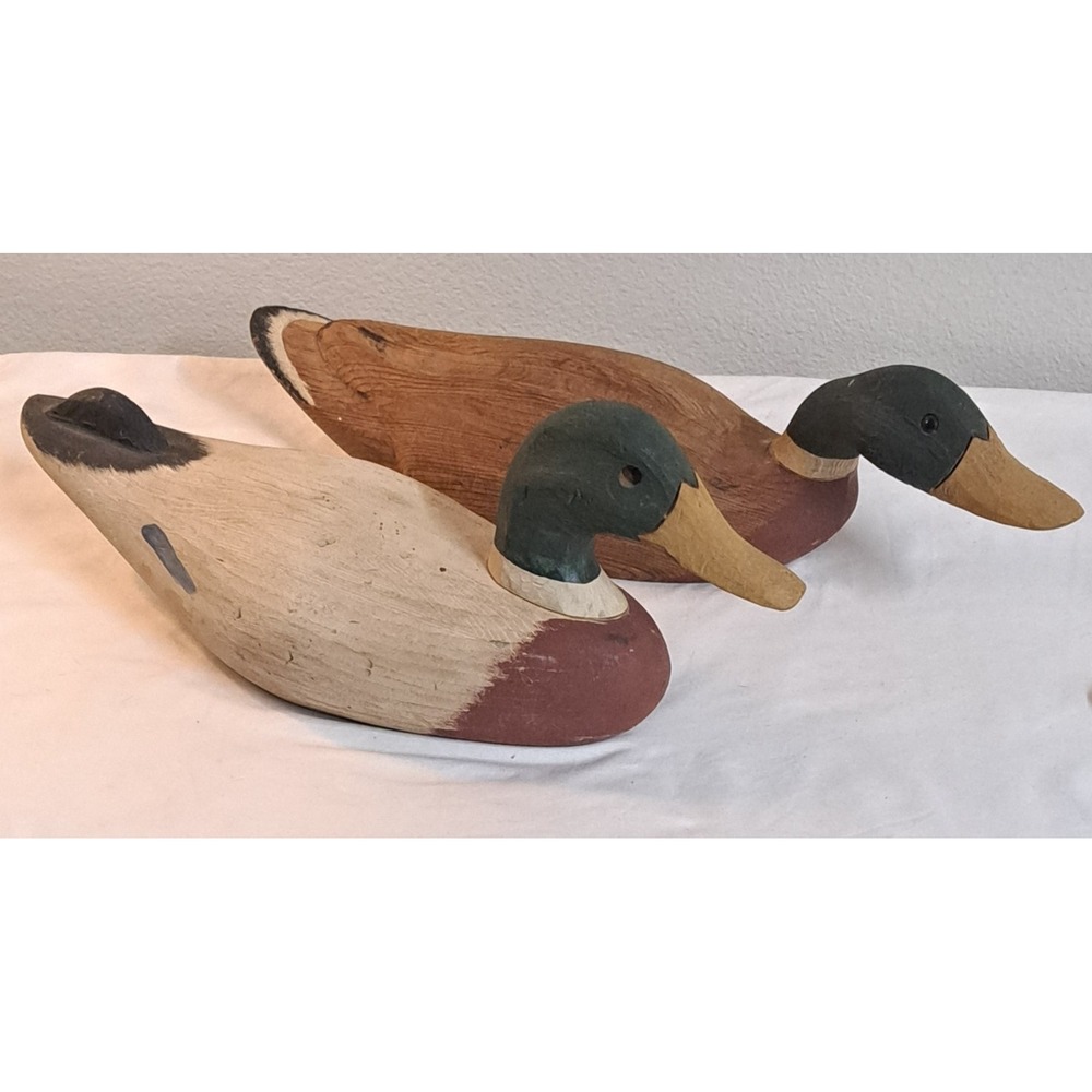Signed Billy Ray Brewer Hand Carved Wood Mallard Duck Decoys Pair Vintage
